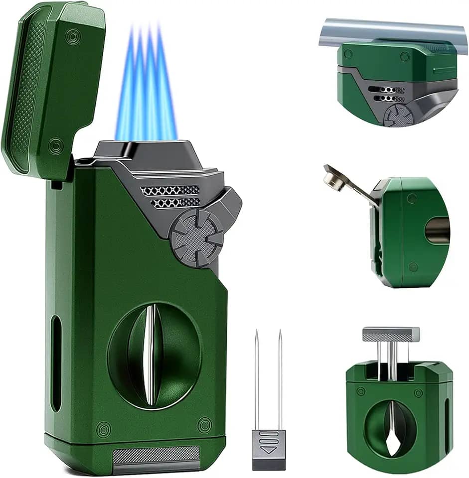 Isqueiro de tocha de butano 5 em 1, chama de jato 4, refil de isqueiro de butano, cortador em V embutido, perfurador, suporte, nubber, isqueiro à prova de vento para velas, presente legal