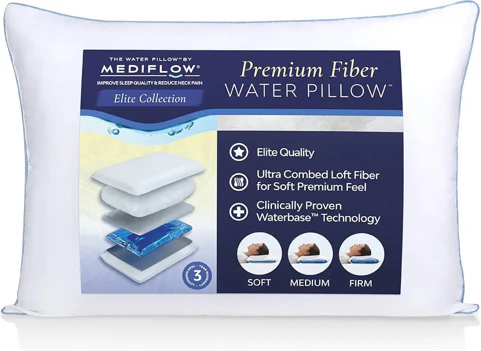 Mediflow Travesseiro Elite Fiberfill à base d'água 1066 – o primeiro travesseiro de água do mundo, clinicamente comprovado que reduz a dor no pescoço e melhora o sono.