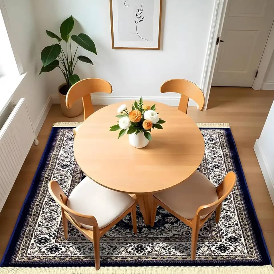 1 Tapete Belga Sala de Jantar Mesa Grande Es Cl 140 x 200 Vr (D5Cla Azul Vermelho Bege - Classico Medalhão Floral)