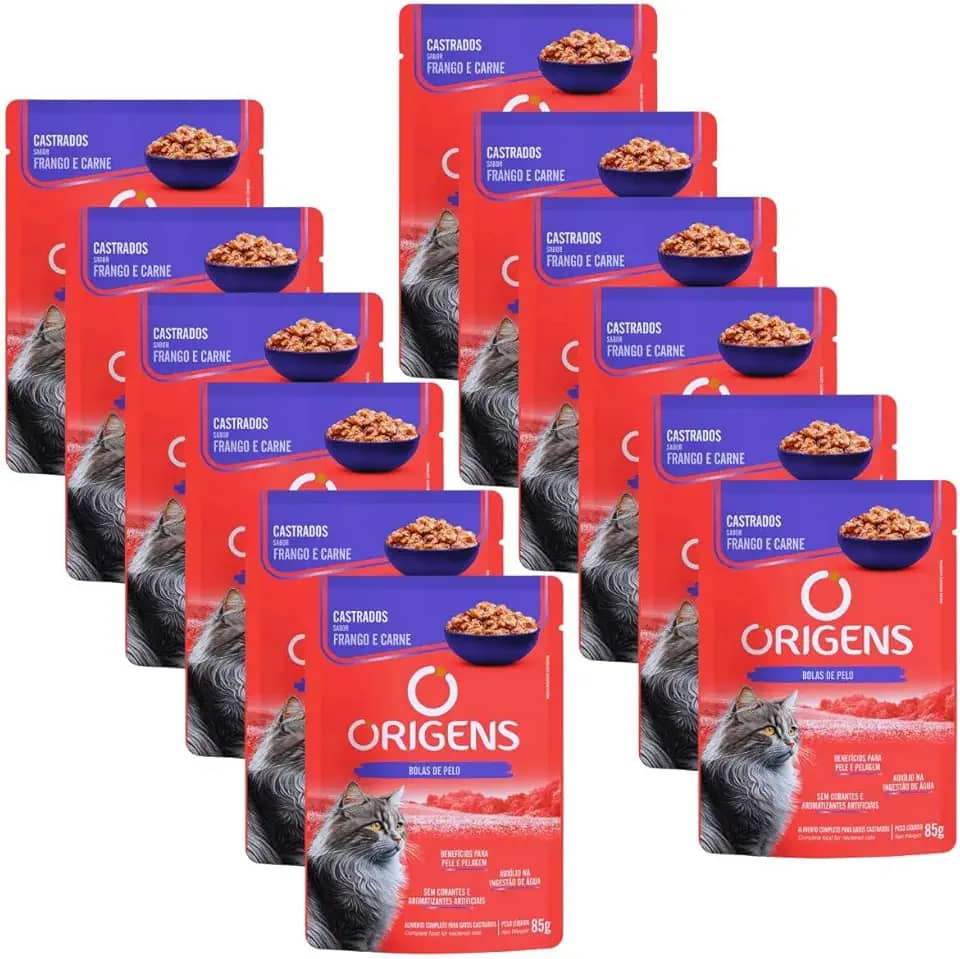 Ração Úmida Origens Sachê Gatos Castrados Frango e Carne 85g 12 Unidades
