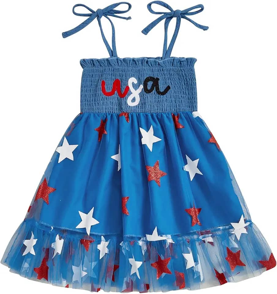 Roupa infantil 4 de julho para meninas 4 de julho EUA Vestido de alças finas para meninas pequenas roupas para o Dia da Independência