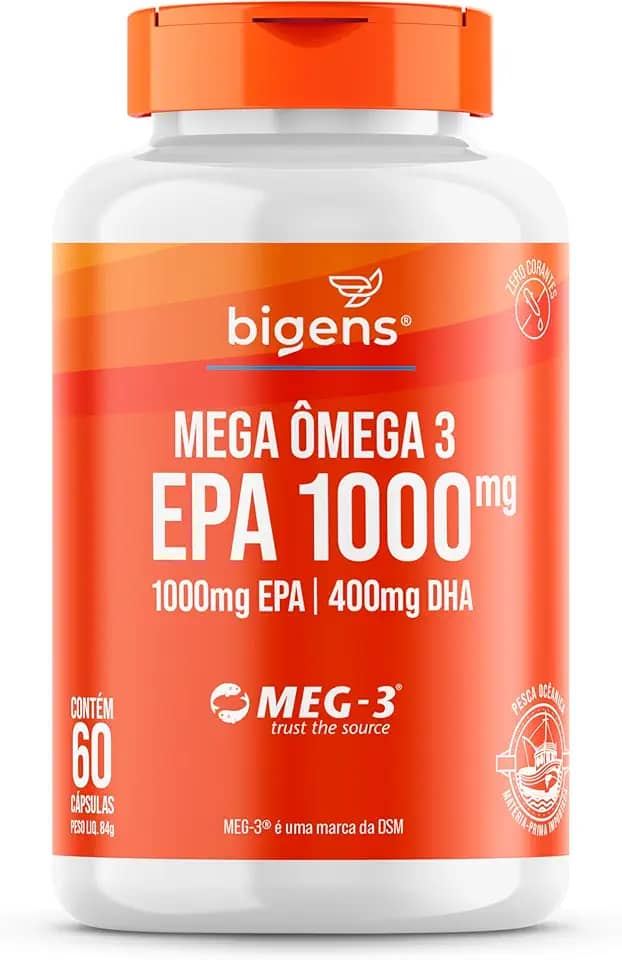 Mega Omega 3, EPA 1000mg + DHA 400mg, Certificado Meg-3, 60 cápsulas, Bigens (Unidade, Sem Vitamina E)