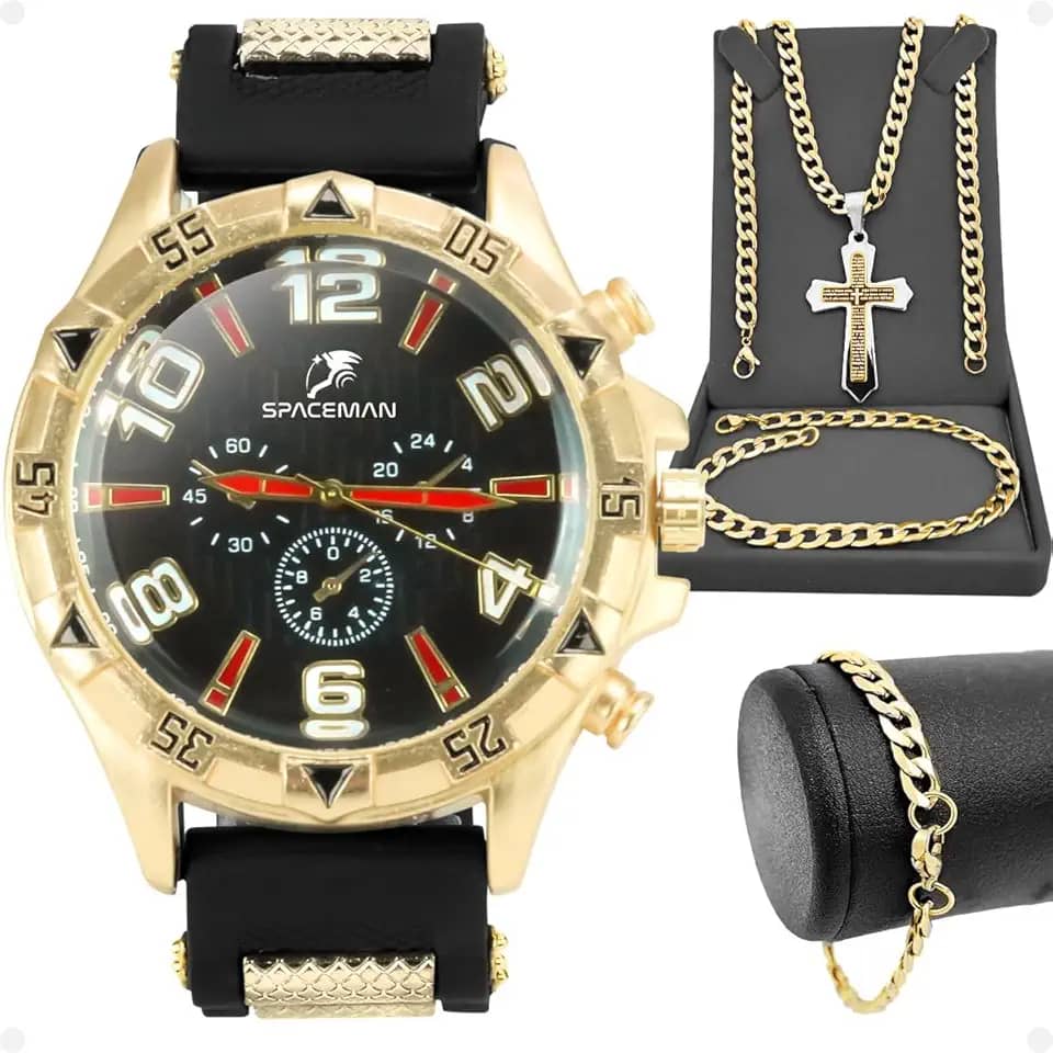 Kit Presente Relógio Masculino Social Original Preto e Dourado Grande Colar Corrente Pulseira Folhados em Ouro 18k Elegância Estilo para Ocasiões Especiais.