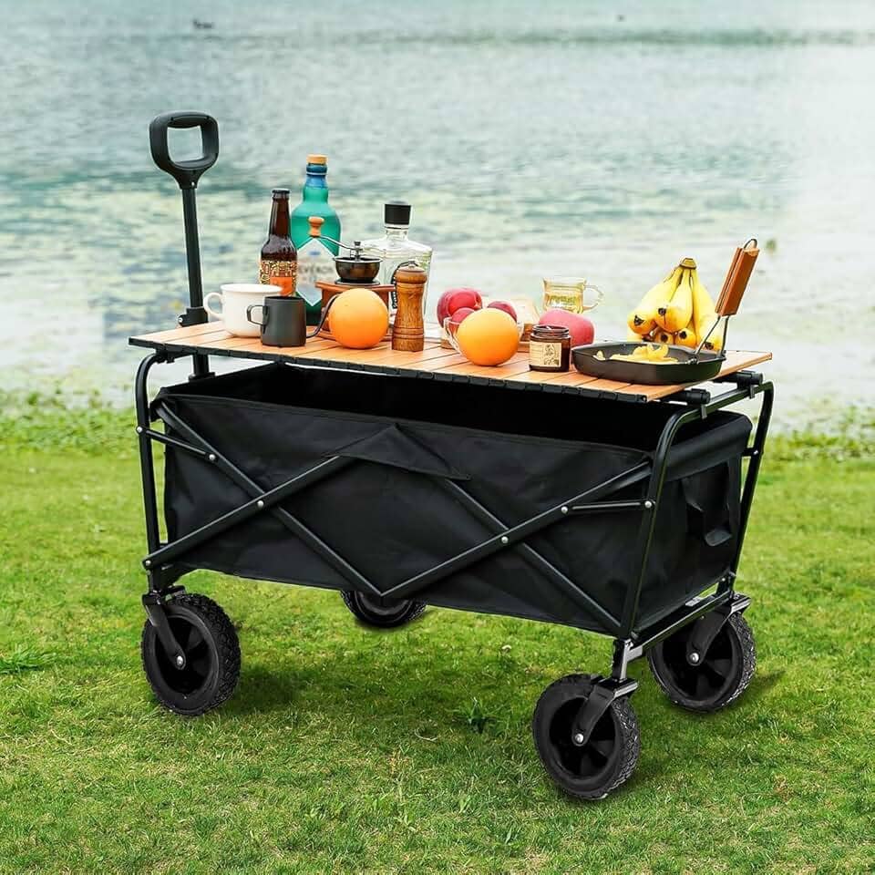 Carrinho de carga dobrável 100 kg, wagon utilitário com alça ajustável, rodas 360° com rolamentos, estrutura de aço e tecido Oxford, 75×49,5×87 cm, preto
