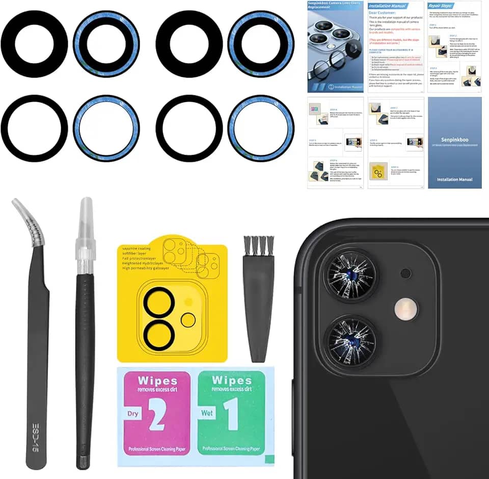 Pacote com 2 peças de reposição para lente traseira da câmera traseira para iPhone 11 com adesivo pré-instalado, inclui conjunto de ferramentas de reparo + manual de instalação + protetor de lente da