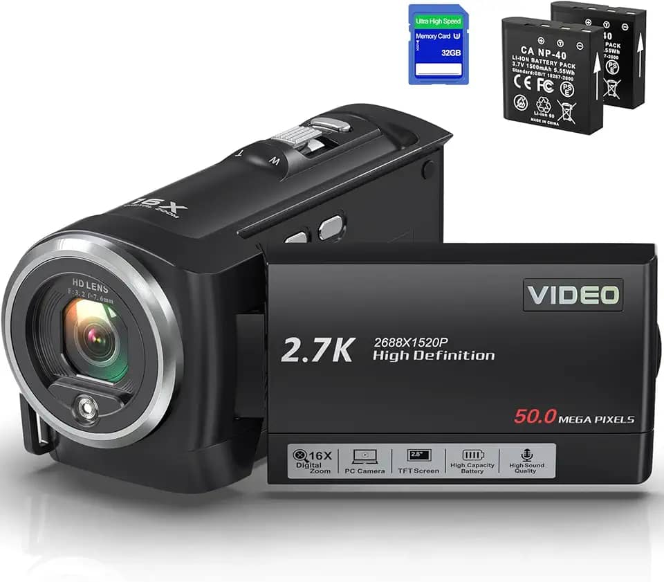 Filmadora 2.7K 50MP Full HD,Câmera de vídeo para Vlogging no YouTube, com Zoom Digital 16X, Função Webcam, Tela Giratória de 270°, Cartão SD de 32GB,2 Baterias,Gravação Contínua