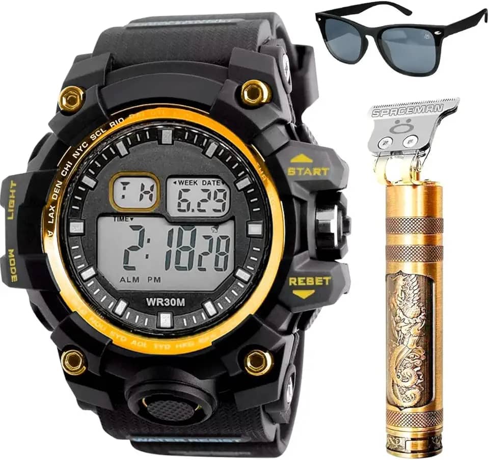 Kit Presente Homem: Relógio Masculino Digital À Prova D'Água 30m Robusto Multifunção + Maquina Cortar Cabelo e Barba Dragon + Óculos Esportivo UVB400 - Moda Militar Descolado