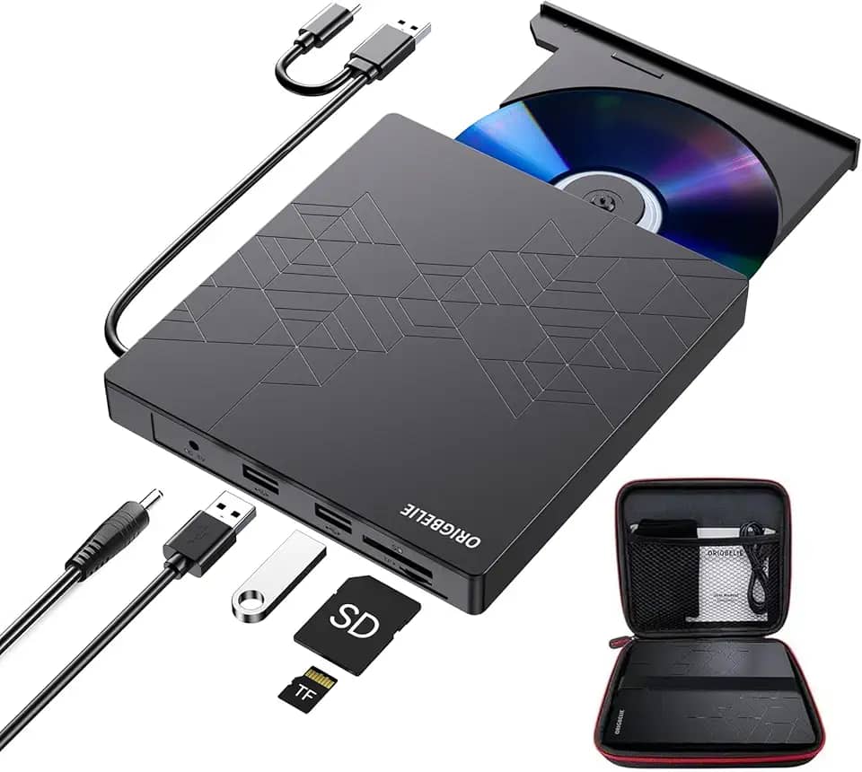 Unidade de CD de DVD externa, gravador de CD USB 3,0 com 2 portas USB e 2 ranhuras para cartões TF/SD, unidade de disco ótico para computador portátil Mac, PC