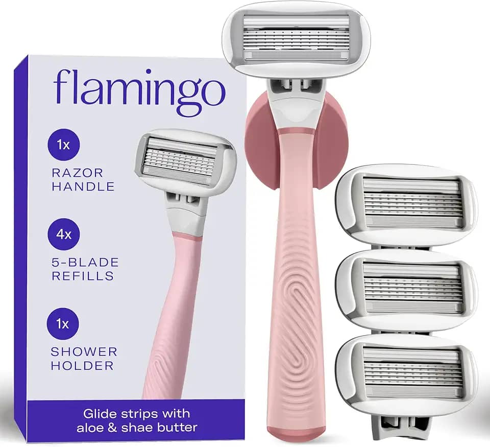 Flamingo Lâminas de barbear femininas, 1 cabo de barbear feminino rosa), 4 refis de cinco lâminas e 1 suporte de chuveiro