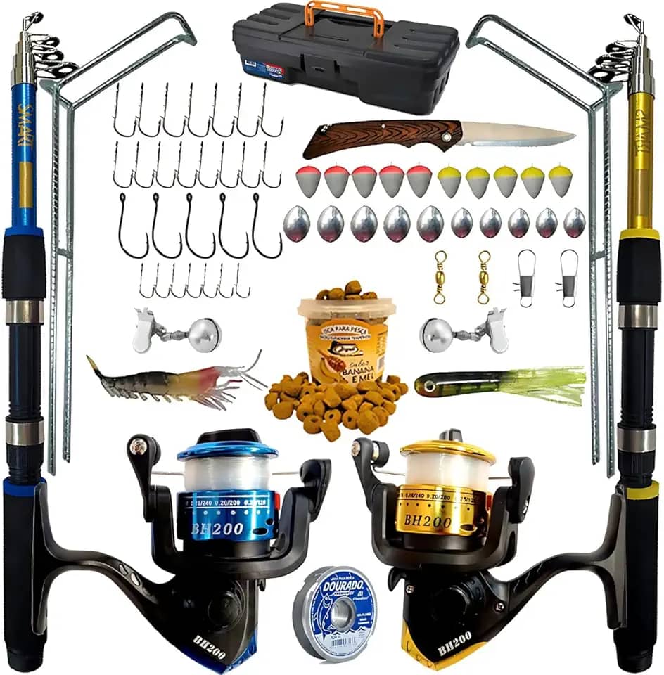 Kit de Pesca Completo, 2 Varas Telescópicas 1,5-1,8m, 2 Molinetes, Maleta e Acessórios, Azul/Amarelo