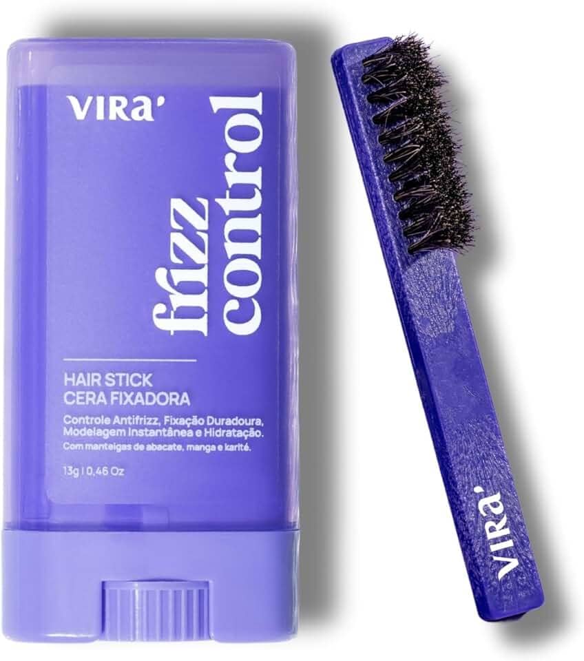 VIRÁ Frizz Control, Cera Finalizadora Hidratante Vegana, Bastão para Cabelo, Alinhamento Instantâneo, com Escova Finalizadora