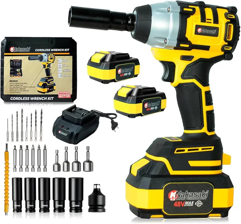 Chave De Impacto e Parafusadeira à Bateria Lítio 48v Brushless Profissional Nakasaki de Carro Completa