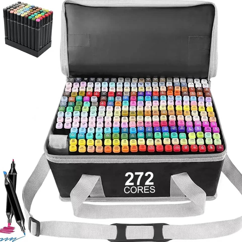 272 Cores Conjunto de Canetas Marcador Permanente Canetinhas para Colorir Touch com Ponta Dupla para Desenhos Profissional e Escolar Com bolsa de armazenamento de mochila e suporte para caneta