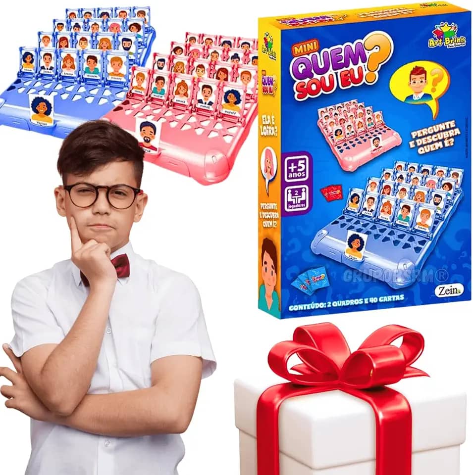 Jogo Quem Sou Eu Art Brink com 2 tabuleiros e 40 cartas ideal para 2 jogadores família amigos casal portatil para viagem presente dia das crianças menina menino
