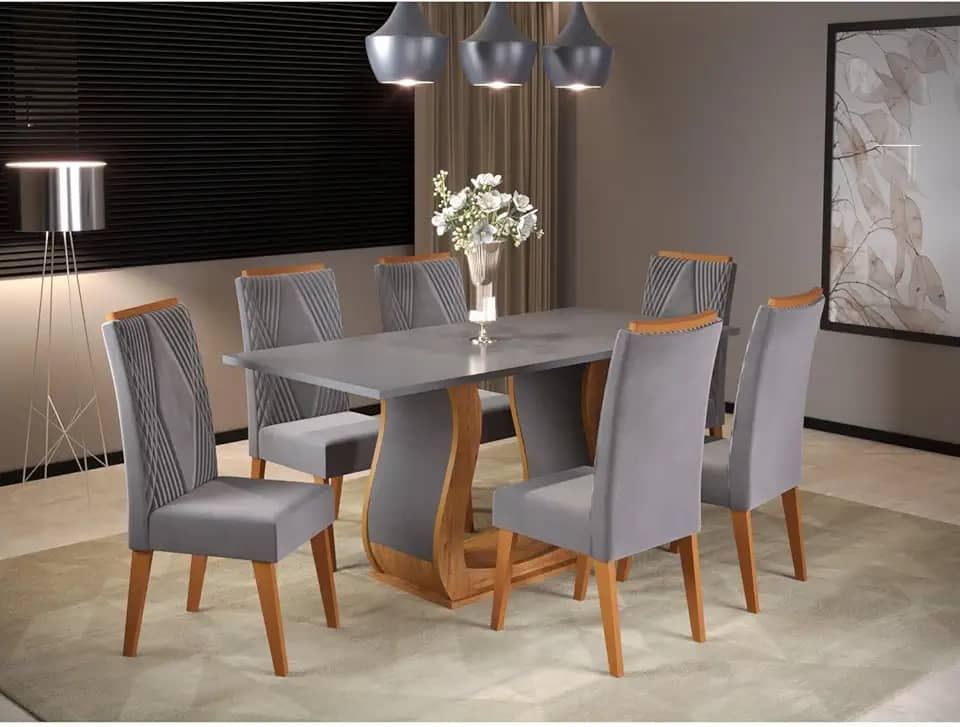 Mesa de Jantar Retangular Vitalic com 6 Cadeiras Madeira Maciça Vegas Mel/Cinza Brilho/Grafite