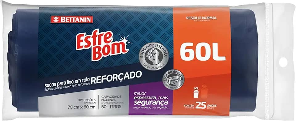 EsfreBom - Saco para Lixo Reforçado, Rolo com 25 Sacos de 60 Litros, Azul Escuro, Bettanin