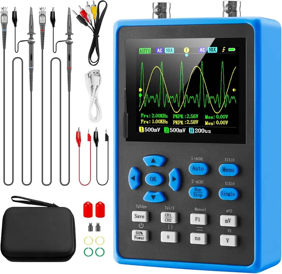 MakerHawk Kit de Osciloscópio Digital Portátil Lcd - 2 Canais 2,8 'Tft Mini Osciloscópio Automotivo Largura de Banda 120Mhz Osciloscópios Digitais Portáteis Taxa de Amostragem de 500Ms/S, Sensibilidad