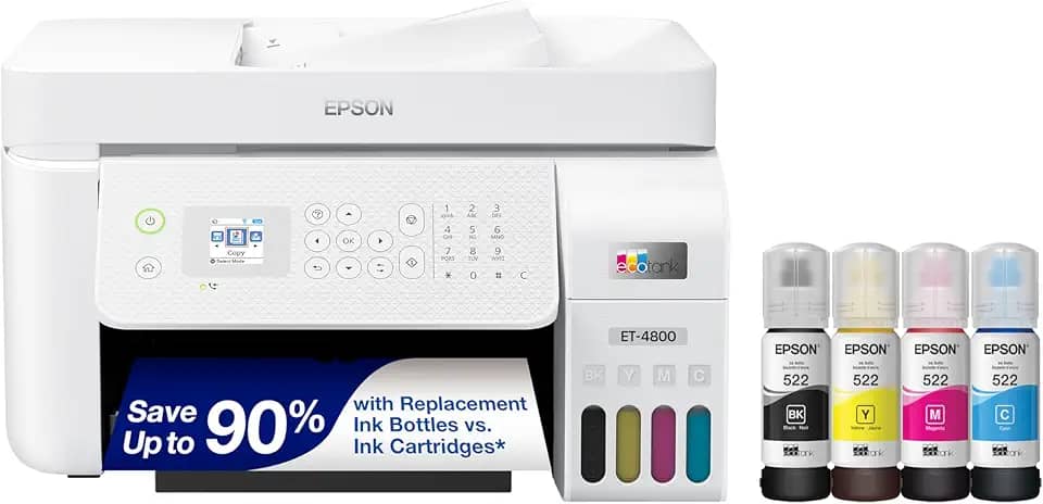 Epson EcoTank ET-4800 Impressora Supertank sem cartucho, sem cartucho, com scanner, copiadora, fax, ADF e Ethernet – Ideal para o seu escritório em casa, branca