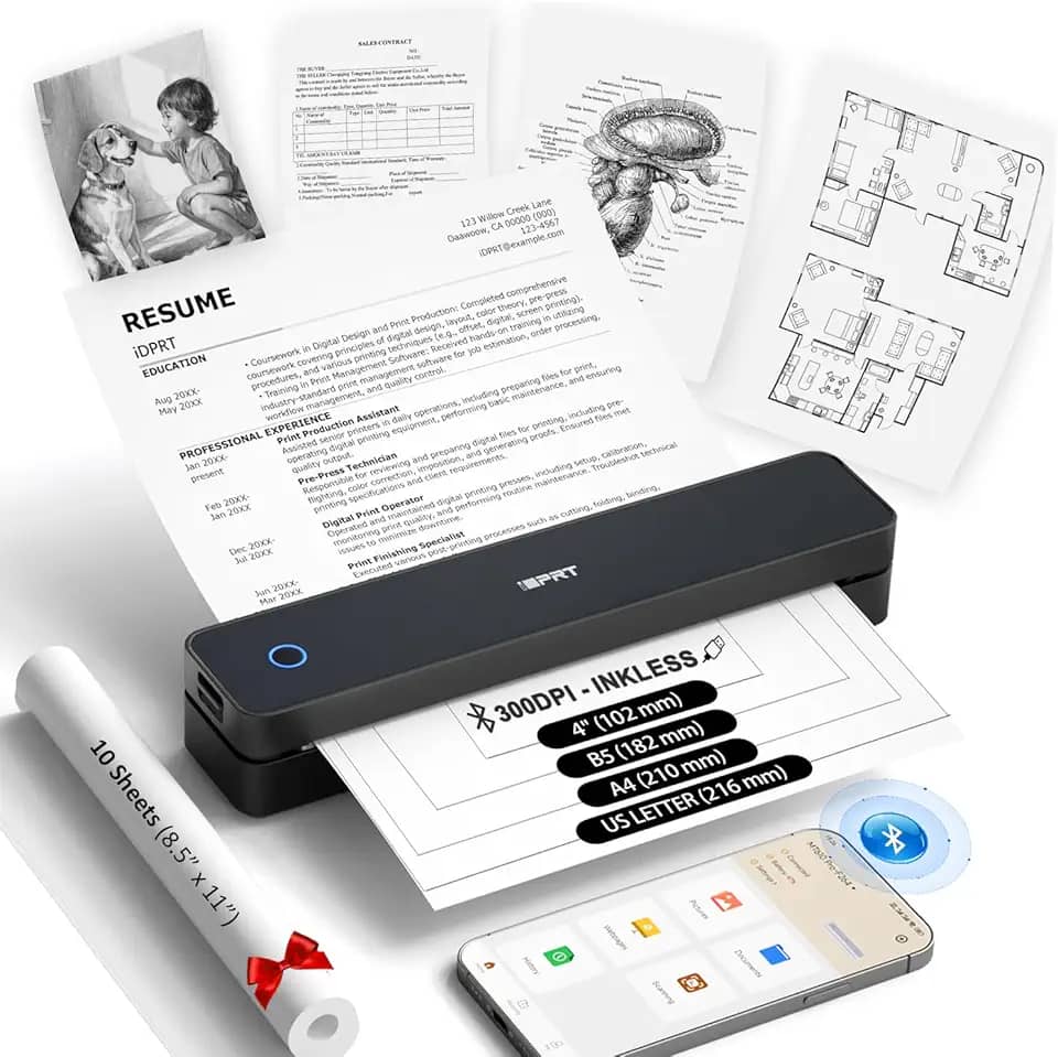 iDPRT Impressora portátil sem fio para viagem, impressoras térmicas Bluetooth, suporte para impressora móvel 300DPI 21,6 cm x 28 cm, A4, impressoras sem tinta para telefone, uso doméstico, carro