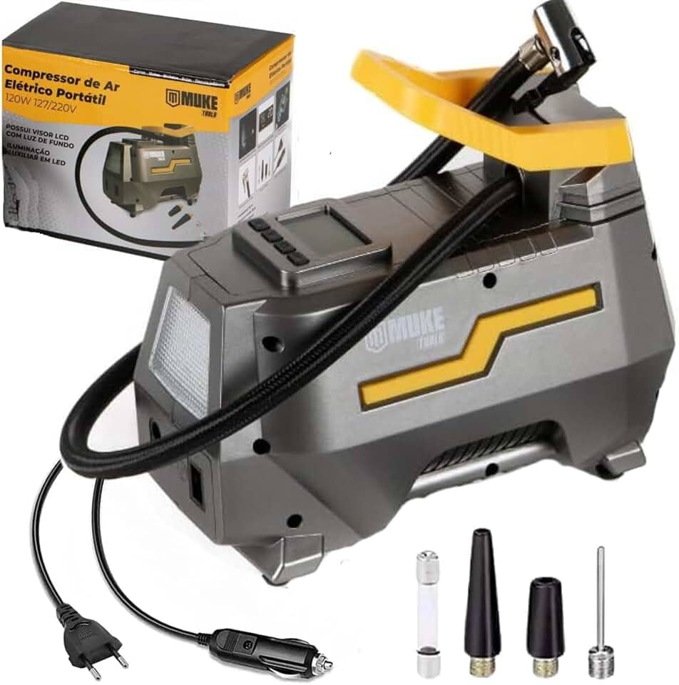 Mini Compressor De Ar Elétrico Portátil Bivolt 110/220v E 12v Muke Tools 120w 150 Psi Para Carro E Casa