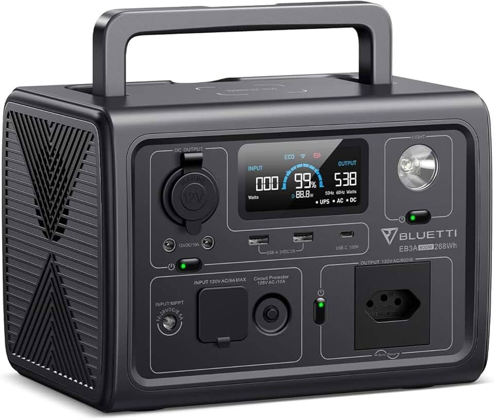 BLUETTI EB3A Gerador de Energia Solar, Bateria LiFePO4 de 268Wh com 1 Tomada CA de 120V | 600W (Pico de 1200W), Recarregue de 0 a 80% em 30 Min, Gerador Solar para Camping ao Ar Livre