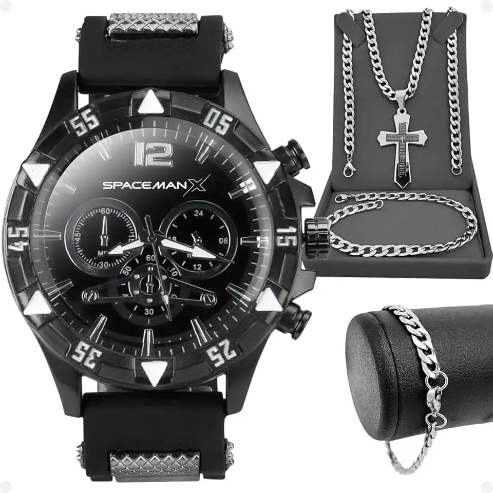 Relógio Masculino Preto Grande Borracha Elegante + Pulseira Corrente Prata + Cordao Masculino Ideal Para Presente