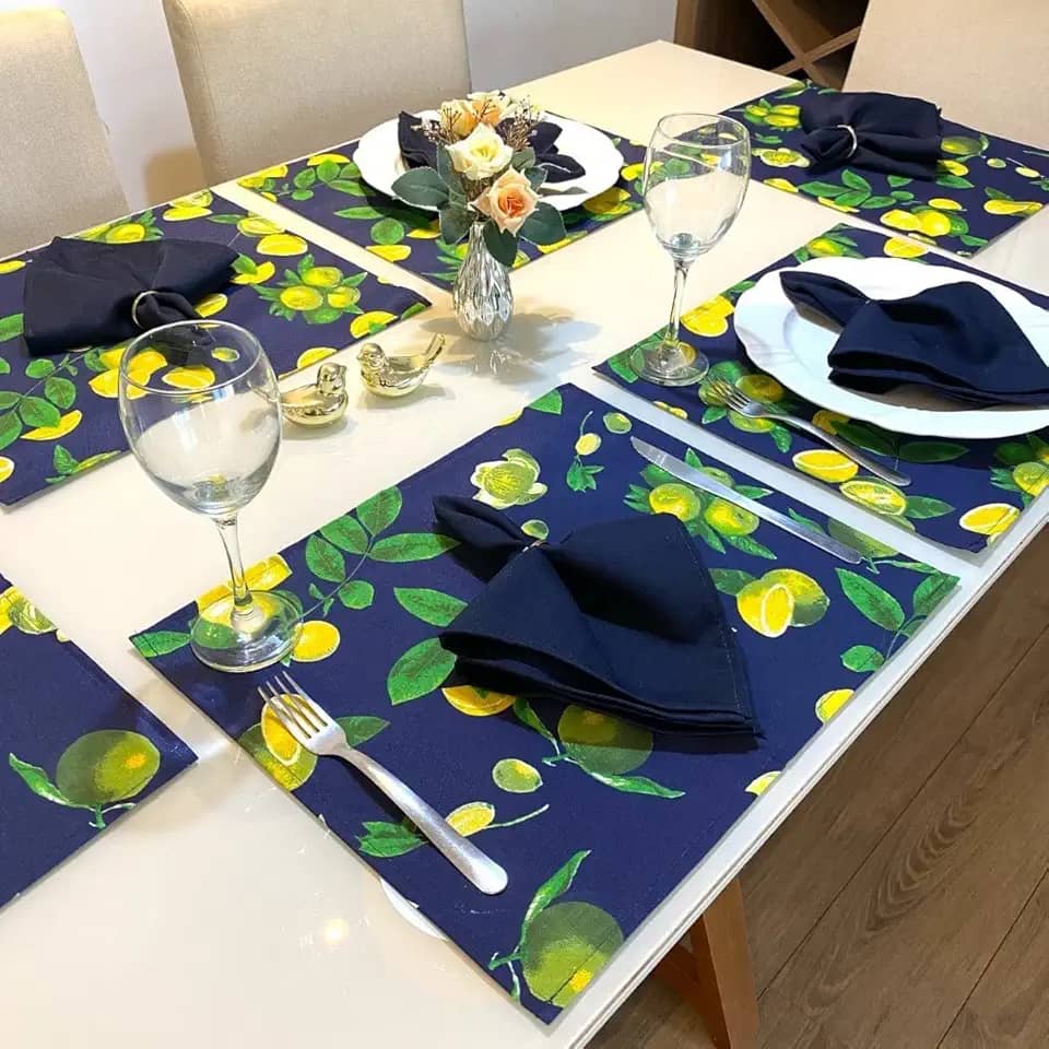 Jogo Americano Tecido 6 Un + 6 Guardanapos + 6 Porta Guardanapos (Limão c/Guard. Azul Marinho)