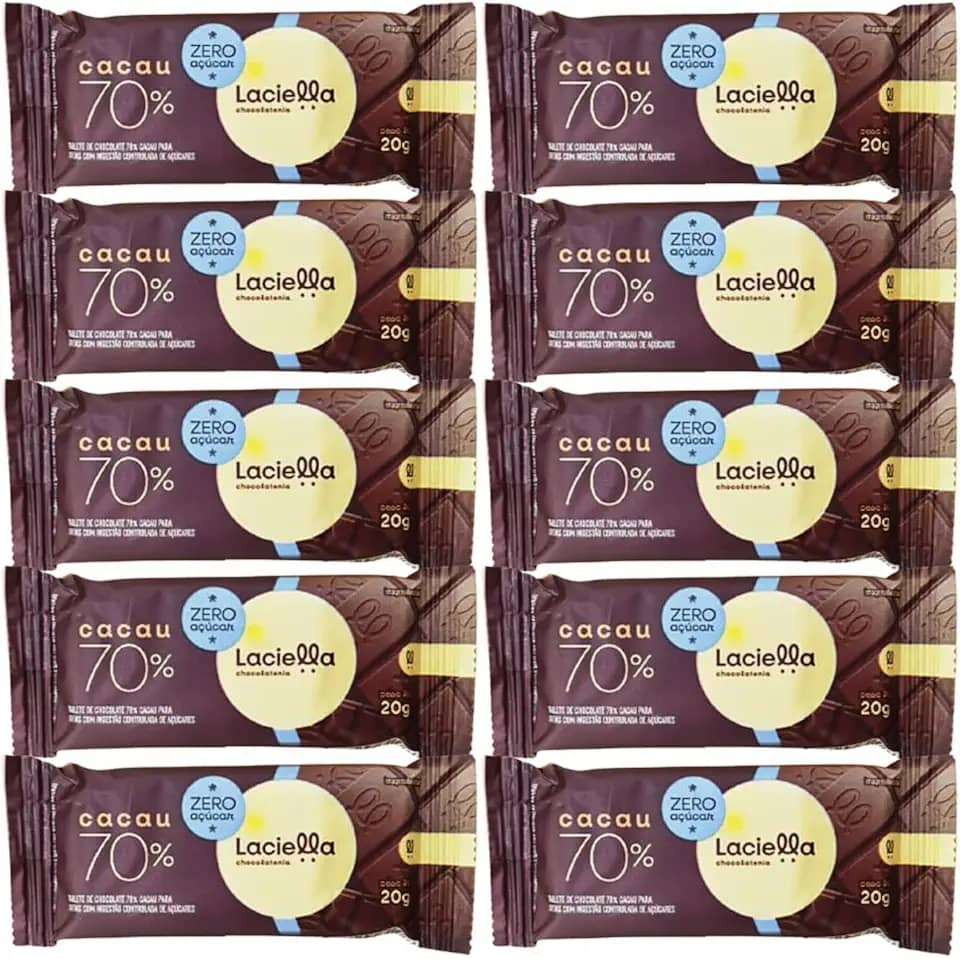 Kit 10 Unidades de Chocolate 70% Cacau Zero Açúcar Zero Lactose de 20g cada - Laciella