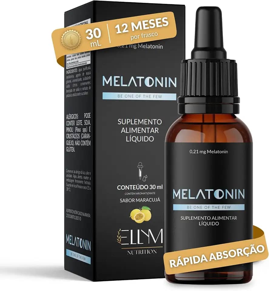 Melatonina em Gotas Sublingual 0,21mg por Gota ELLYM NUTRITION 30ml Sabor Maracujá Rápida Absorção Efeito Imediato