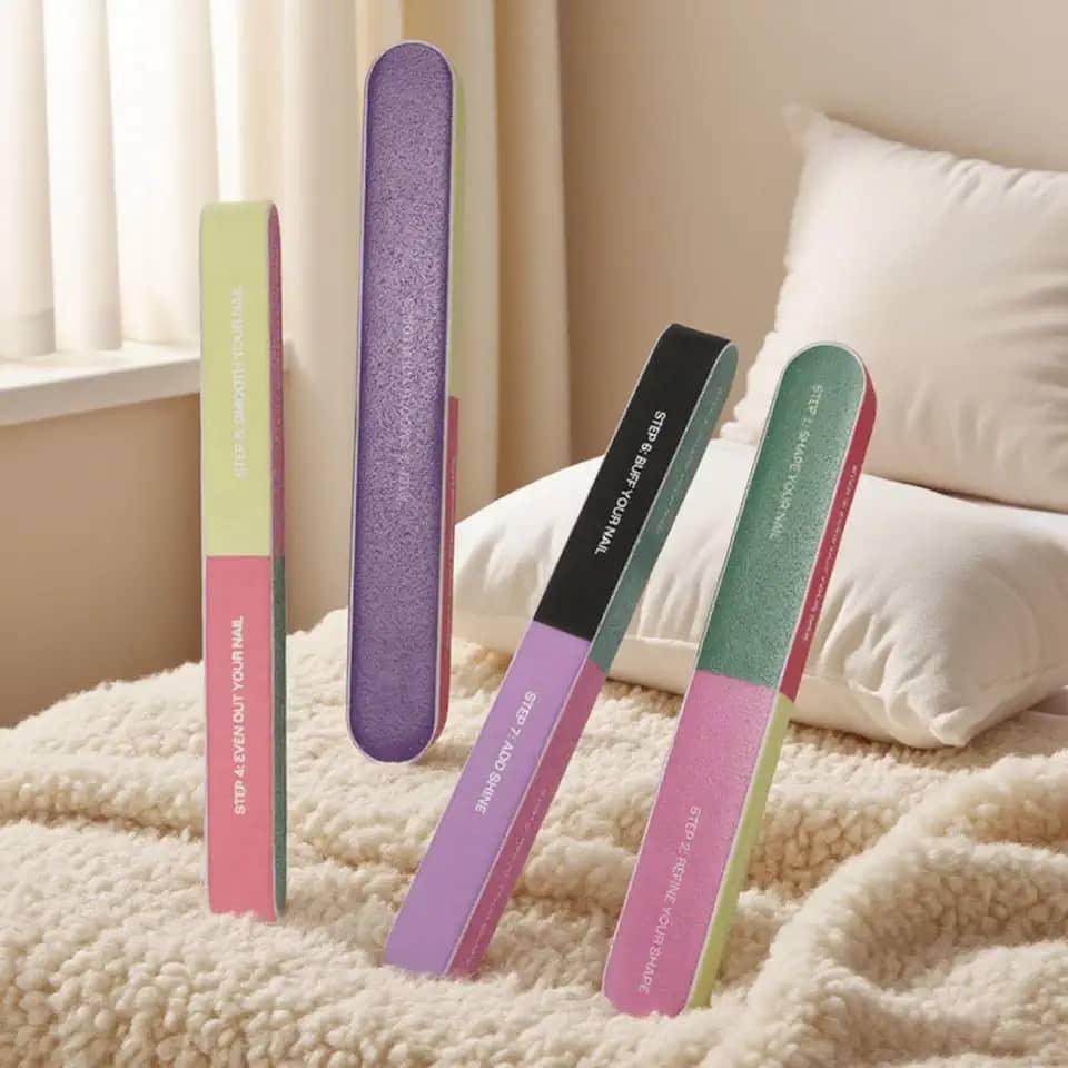 Lixas de unhas para unhas naturais, placas de esmeril para unhas 7 vias, blocos de polimento coloridos com 7 grãos diferentes e designs de cores brilhantes