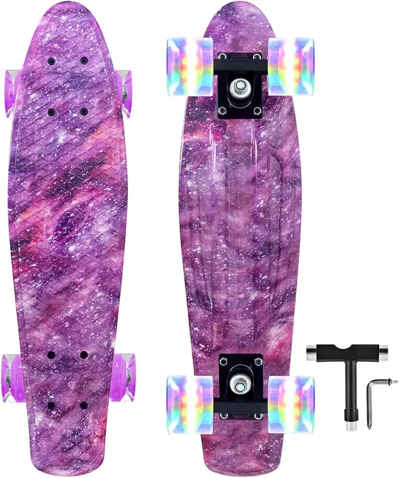 Nattork Skates Mini Cruiser 55 cm roxo skate completo retrô skate com luzes coloridas PU rodas para crianças meninas meninos iniciantes