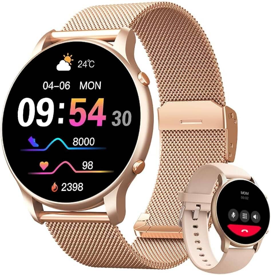 Relogio Smartwatch Feminino Redondo Tela Full Touch 1.32",IP68 à Prova d'Água,Ligações Bluetooth,100+Modos,Recebimento Notificações,Faz e Recebe Chamadas Funções Relógio Smartwatch Inclui 2 Pulseiras