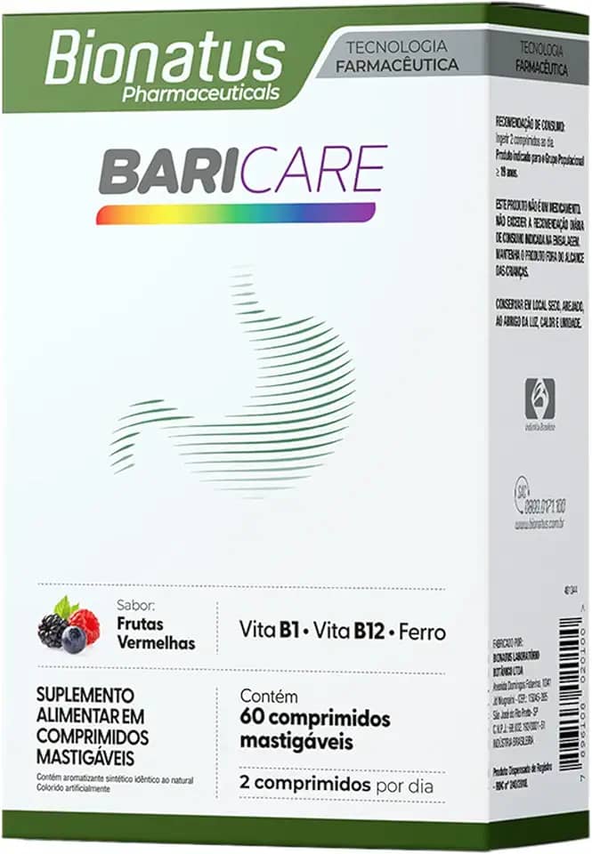 Bionatus, BariCare, Comprimidos mastigáveis, Suplemento alimentar, Vitamina B1 1,2mg + Ácido Fólico 400mcg DFE + Vitamina B12 2,4mcg + Cobre 900mcg Ferro 14mg, 60 comprimidos • 60 doses, Branco