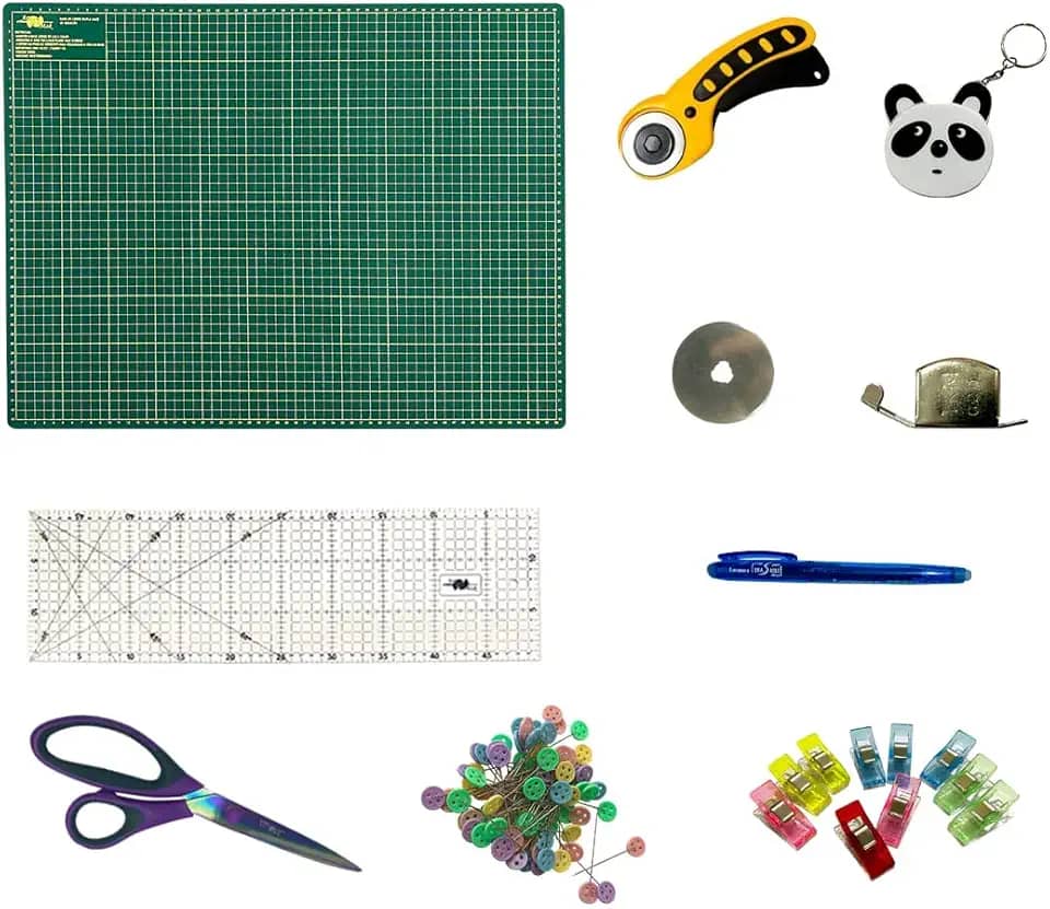 Kit Base De Corte 60x45 Verde Cortador 45mm Régua Tesoura titânio Fita metrica bichinho Prendedor de tecido clips + acessórios