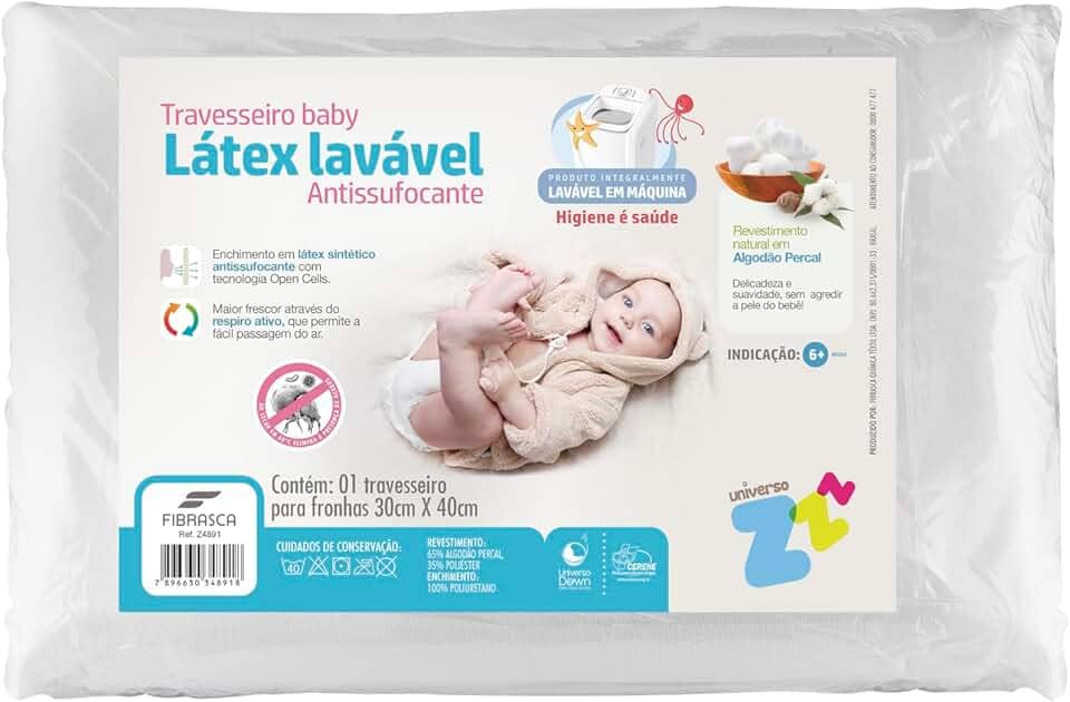 Travesseiro para Bebê Látex Lavável- Capa em Percal 180 frios - Integralmente lavável em máquina - P/fronhas 30x40cm - Fibrasca