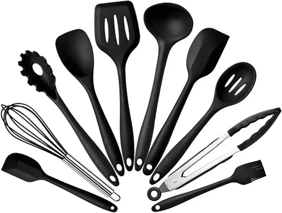 JG STORE Kit 10 Peças Jogo De Utensílios De Silicone Maciço Cozinha Inox Pegador Espátula Colher Concha Pincel (Preto)