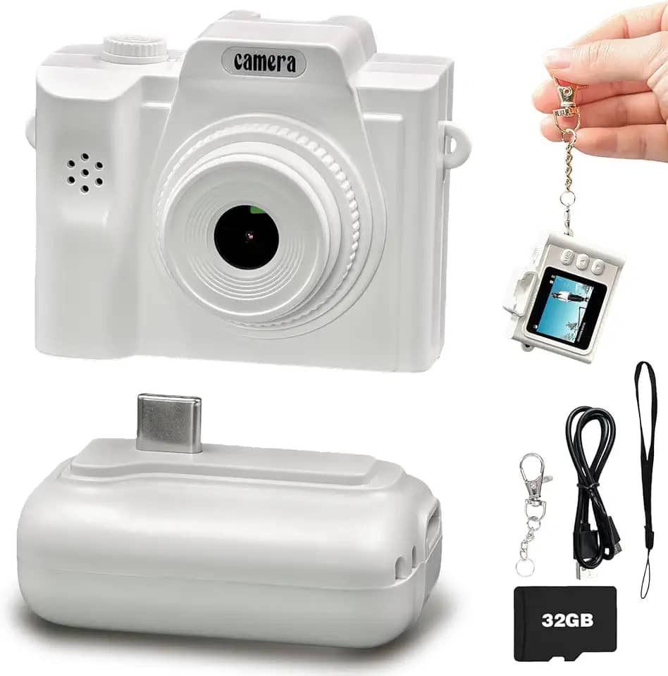 Câmera digital, mini câmera retrô com base de carregamento de cartão de 32 GB, gravação de vídeo vintage compacta portátil, presente ideal para estudo de viagem (branca)