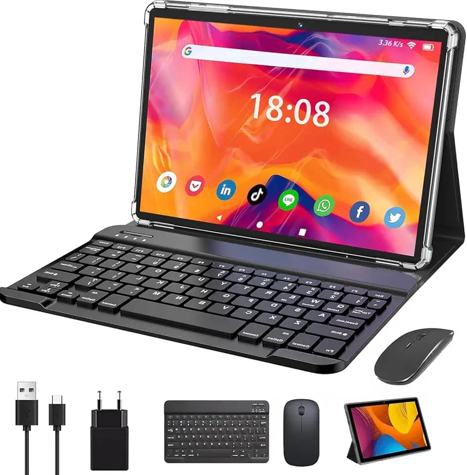 10,1 polegadas Tablet com Caso, Teclado e Mouse, Android 12 Tablet, 6GB +128GB, Processador 8-Core, WiFi, Bluetooth, Câmera 5MP+13MP, 6500mAh, Cinza