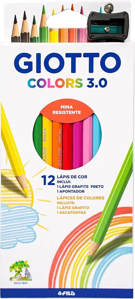 GIOTTO Colors 3.0 Lápis de Cor Estojo com 12 Cores + Lápis Grafite + Apontador