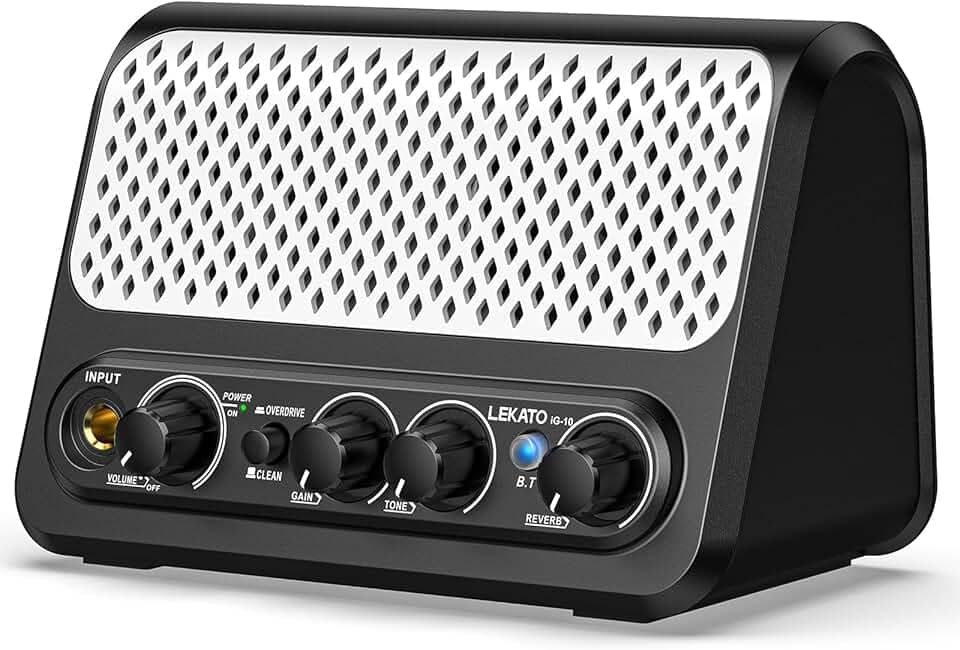 LEKATO Mini Amplificador De Guitarra, Amplificador De Guitarra Elétrica Portátil De 10 W Com Canal Limpo E Overdrive, Reverb, Amplificador De Guitarra Pequeno Bluetooth Para Prática (Preto-Branco)