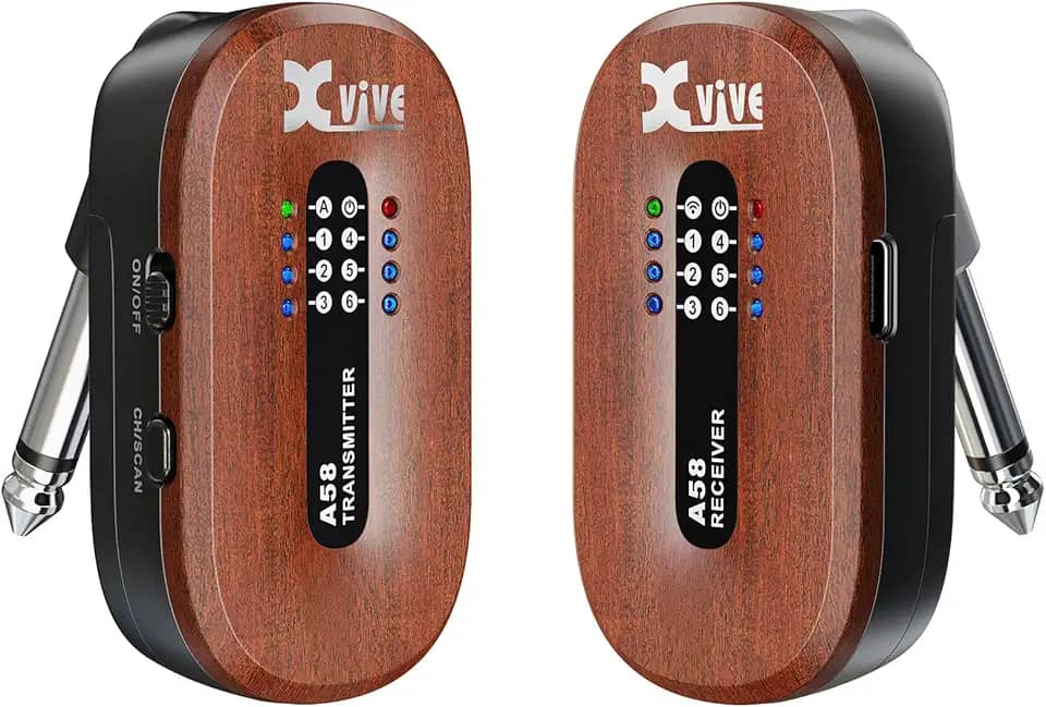 Xvive Sistema de guitarra sem fio A58 5,8 GHz receptor transmissor de guitarra sem fio para captador ativo ou passivo guitarra elétrica/acústica, mogno