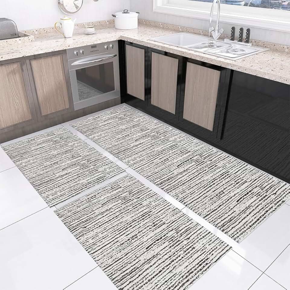 Tapete Kit de Cozinha Antiderrapante 3 Peças Mesclado Geométrico Conjunto Passadeira 1,30m x 45cm Capacho 65cm x 45cm Jogo Artesanal Cru Caramelo Preto (Riscato Preto)