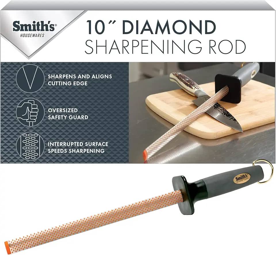 Smith's 3001 Vara de aço oval para afiar diamante de 25,4 cm – cinza – design oval – alça de borracha – ponta de afiação de plástico