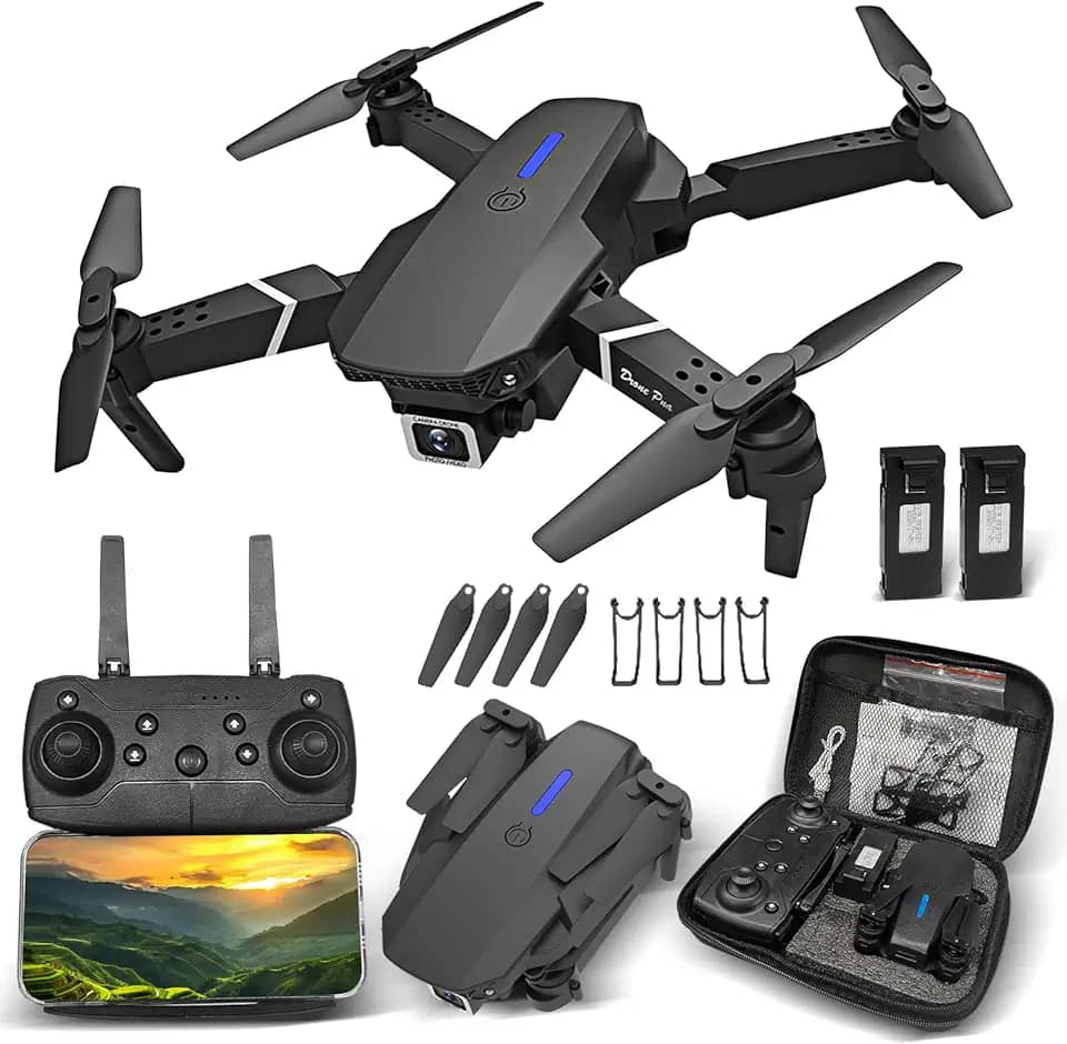 Drone E88 Profissional Dobrável com Câmera Dupla 4K HD Controle por Wi-Fi Bateria 1800mAh 80-100 Metros LED Navegação Maleta Inclusa para Iniciantes