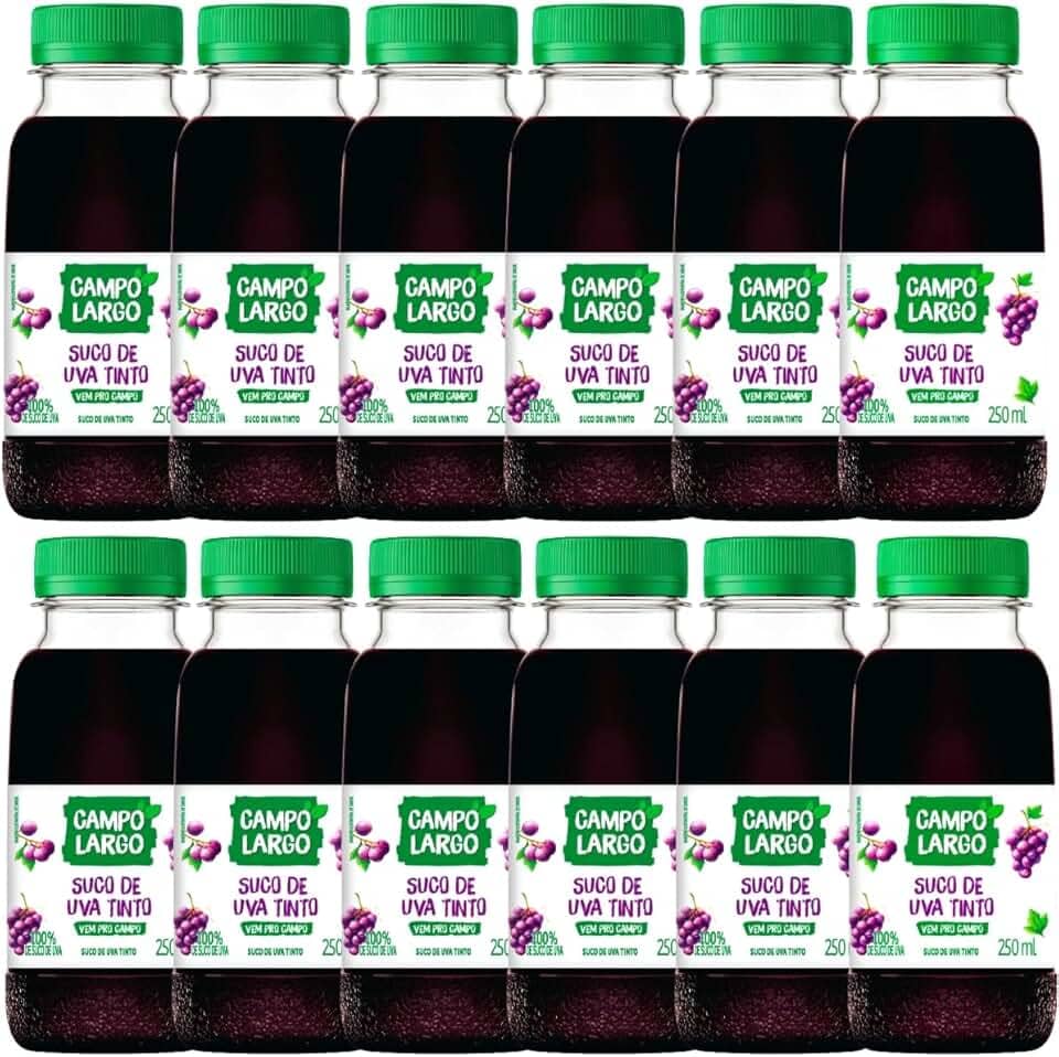 Kit 12x Suco De Uva Tinto Campo Largo Garrafa 250 Ml Natural Sem Glúten Sem Conservante Fardo