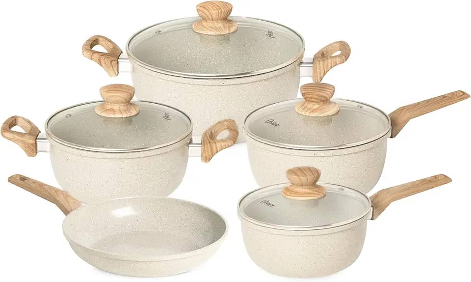 OSTER JOGO DE PANELAS E FRIGIDEIRA MARBLE EDITION CREAM – 5 PEÇAS COM REVESTIMENTO CERÂMICO ANTIADERENTE, ALÇAS EM SILICONE ANTITÉRMICO E BASE COMPATÍVEL COM INDUÇÃO