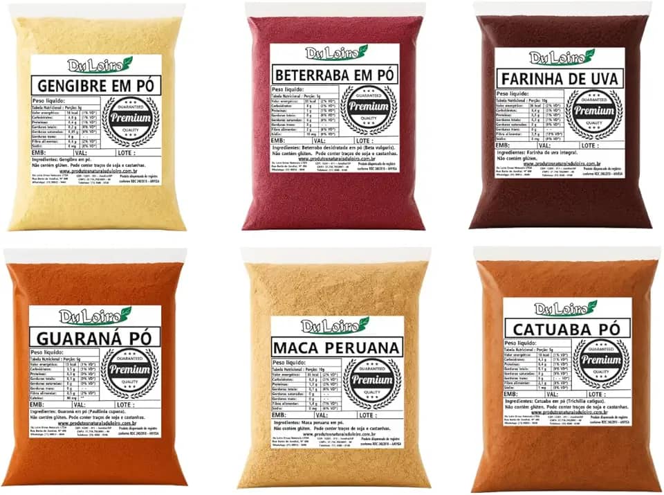 Kit Gengibre-Guaraná-Catuaba-Maca Peruana-Beterraba-Farinha de Uva (100grs de Cada)