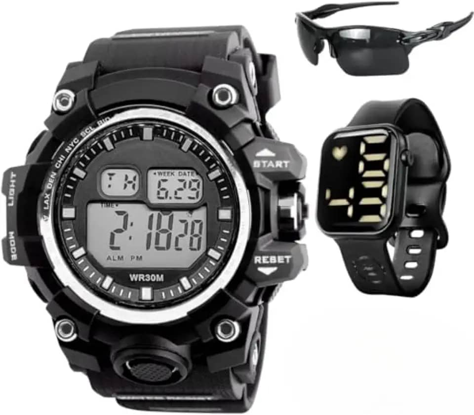 Kit Presente Homem: Relógio Masculino Digital À Prova D'Água 30m + Caixa Original + Relogio Casual Quadrado + Óculos Esportivo Ati-UV400 Moda Estilo Militar