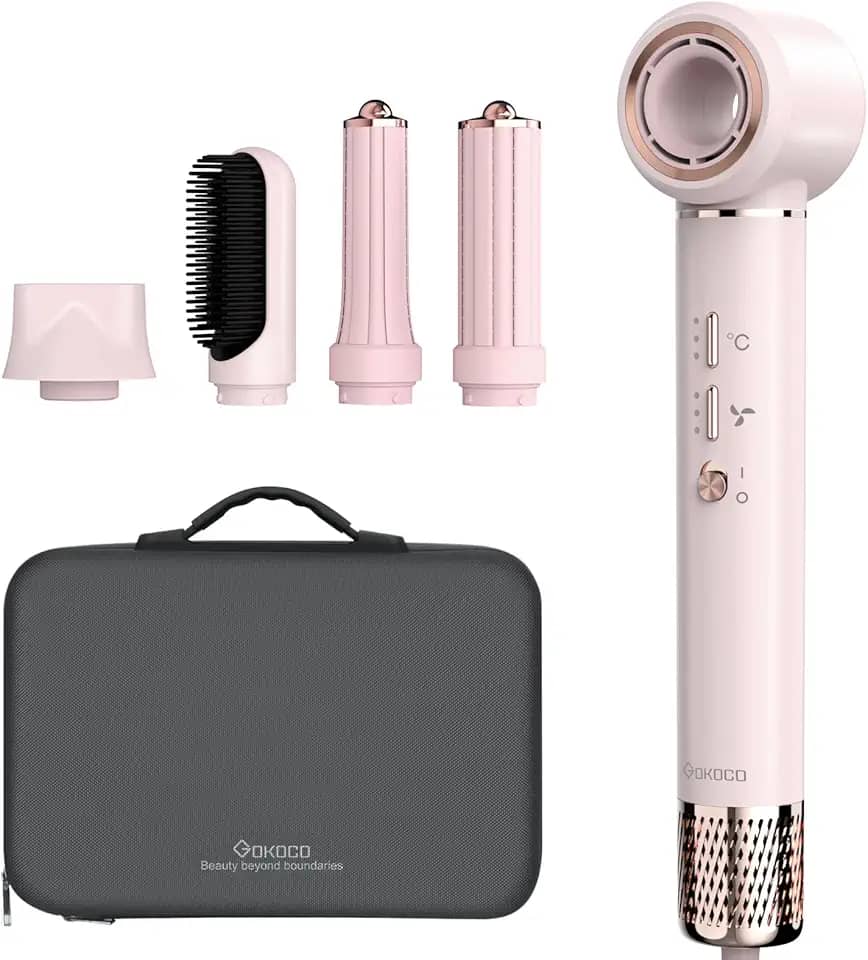 GOKOCO Secador de Cabelo 5 em 1 Conjunto, Escova Secadora 1400W Alta Velocidade 110000 Rpm, Kit Modelador Liso e Cacheado com Bocal Magnético 127Volt e 110Volt, Rosa