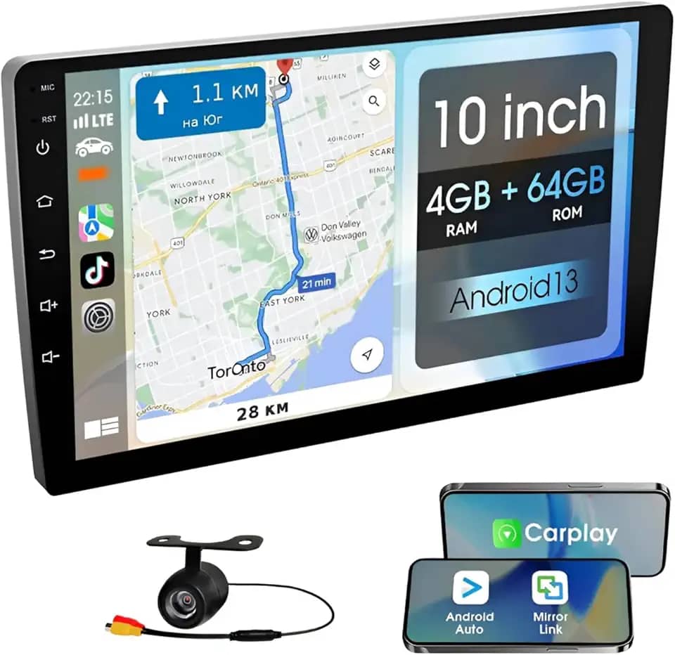 Central Multimídia Tela 10 Polegadas Android, Carplay e Android Auto Sem Fio, 4GB RAM 64GB Quadcore, GPS Integrado